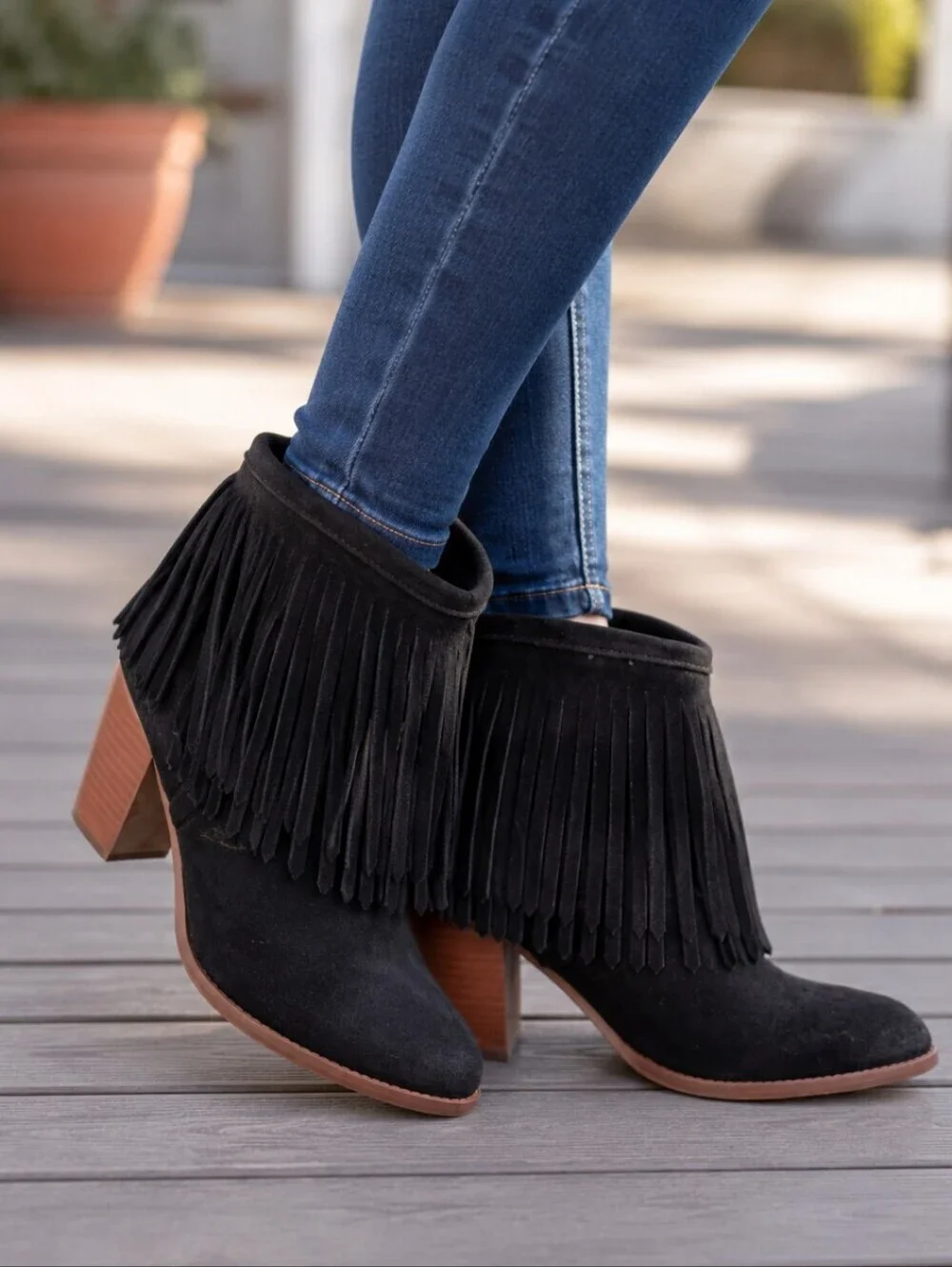 Frye Llana Black Suede Fringe Ankle Boots Western Boho Block Heel